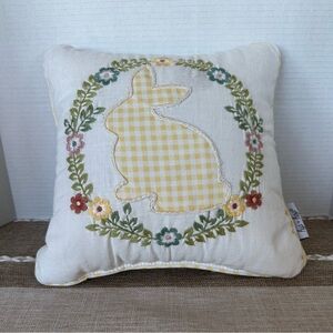 Throw Pillow With Bunny appliqué and embroidery. 12x12”